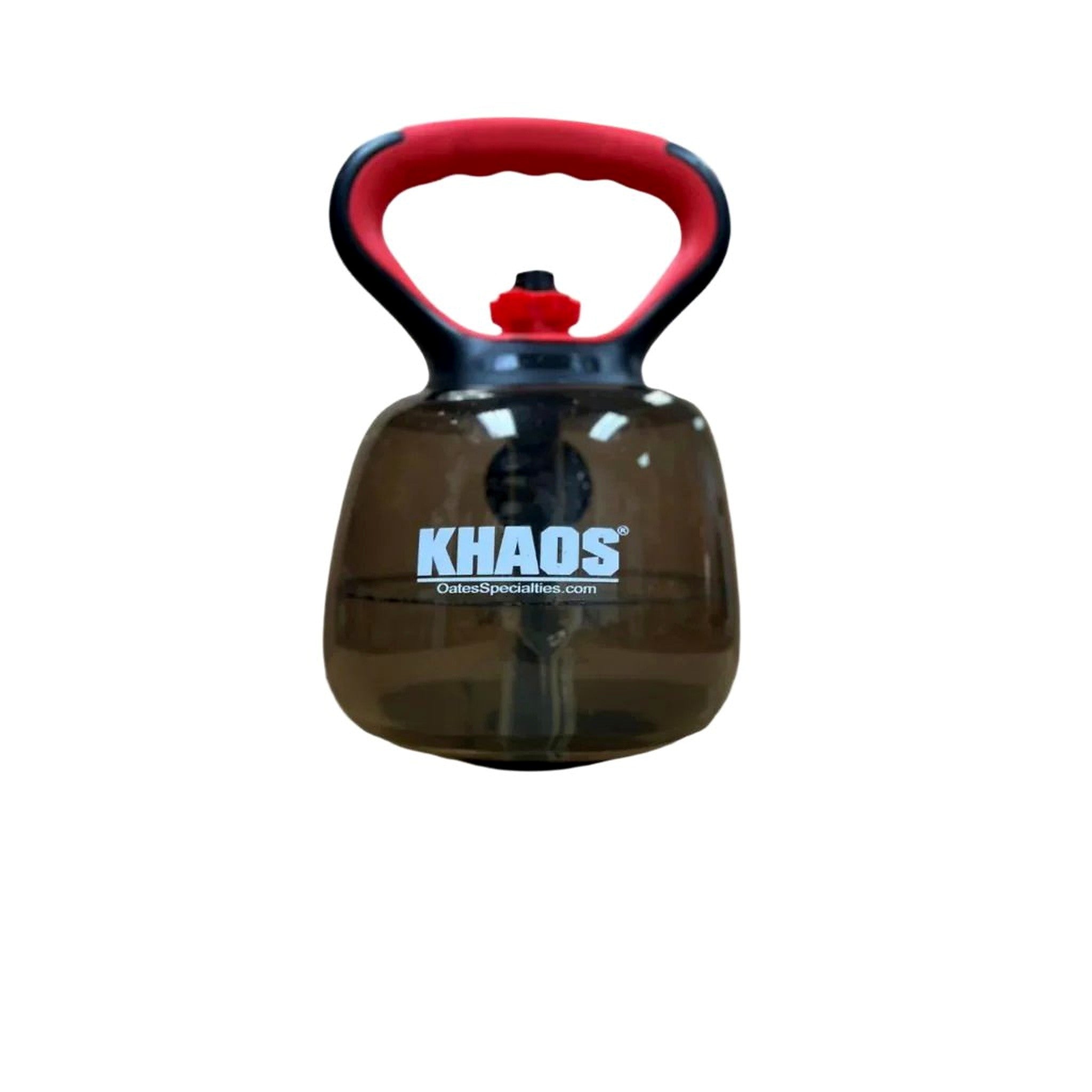 KHAOS® Waterbell—an innovative, kettlebell-shaped bag filled with water and air, featuring a black and red rigid handle. The ultimate portable, adjustable kettlebell for dynamic shoulder stability, core training, and Chaos Training with unpredictable water loads.