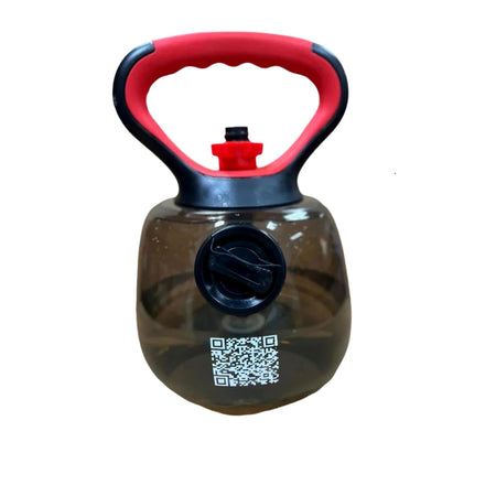 Back view of KHAOS® Waterbell with secure locking valve and QR code for setup instructions, ideal for strength training