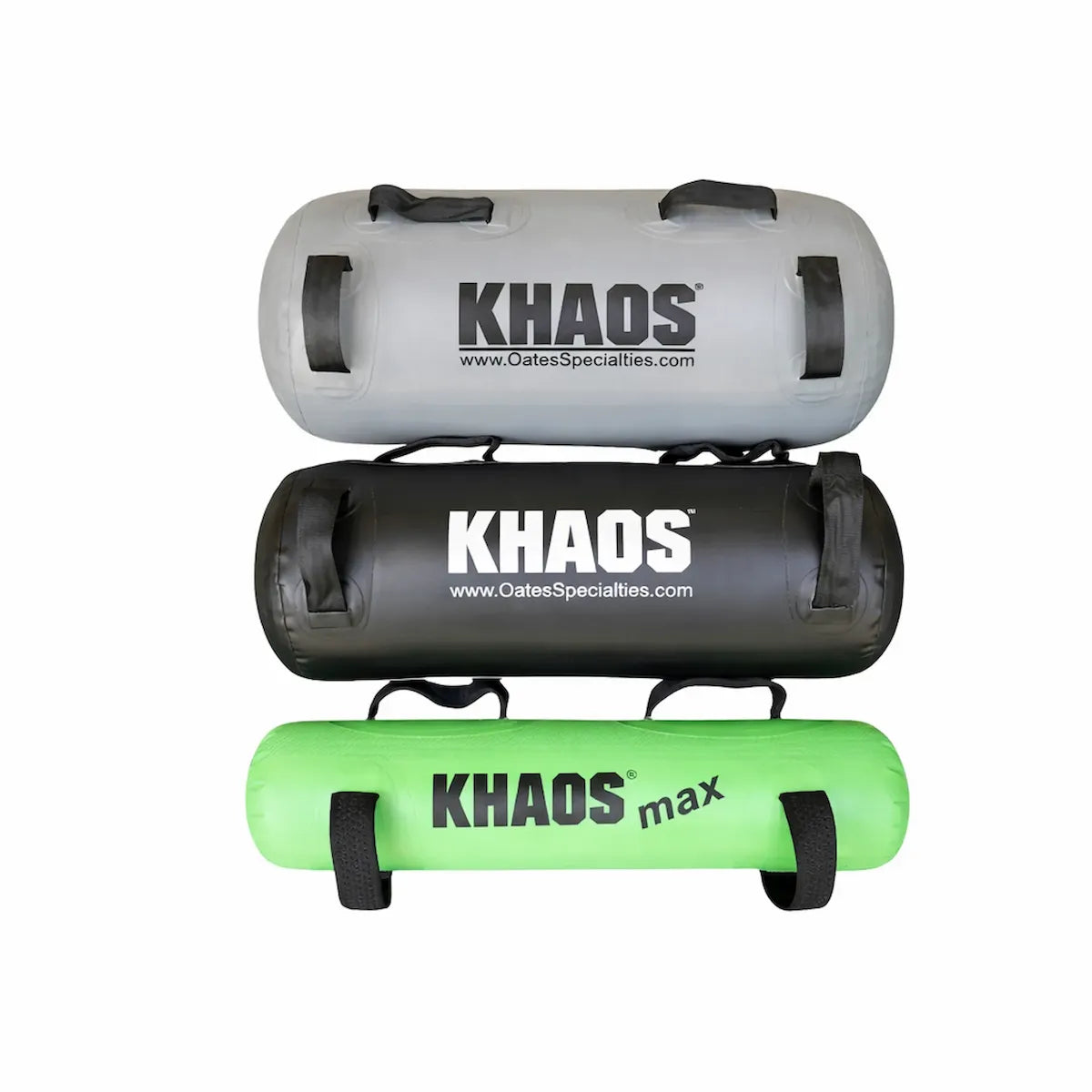 Comparison of KHAOS® Waterboy training tools in three sizes: Small (Green), Medium (Black), and Large (Grey), showing the progressive volume for adjustable unstable resistance.
