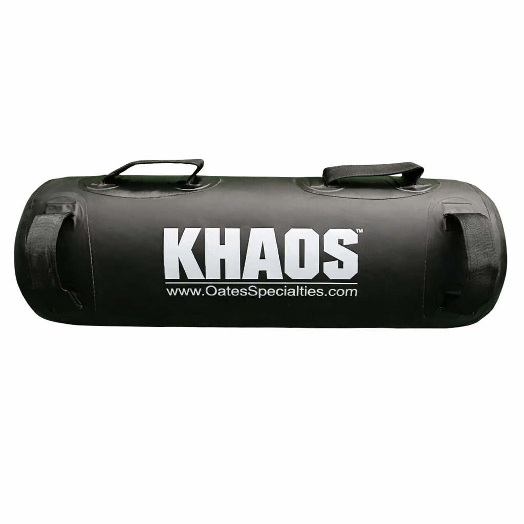 This is a product photo of the black vinyl KHAOS Waterboy displaying the four handles for maximum variability