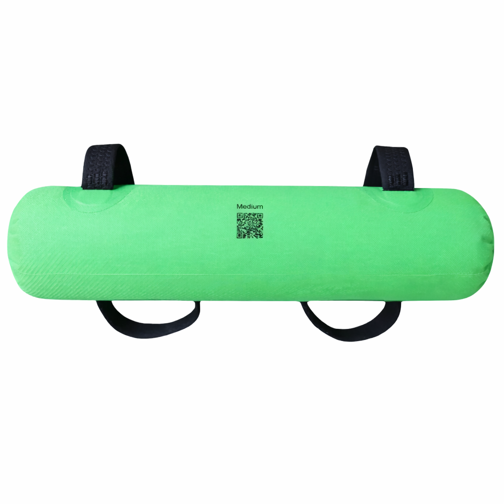 This is the back of the polyester lined vinyl KHAOS Waterboy green showing the QR code which can be used to find out more information on how it is used and how to fill it up.