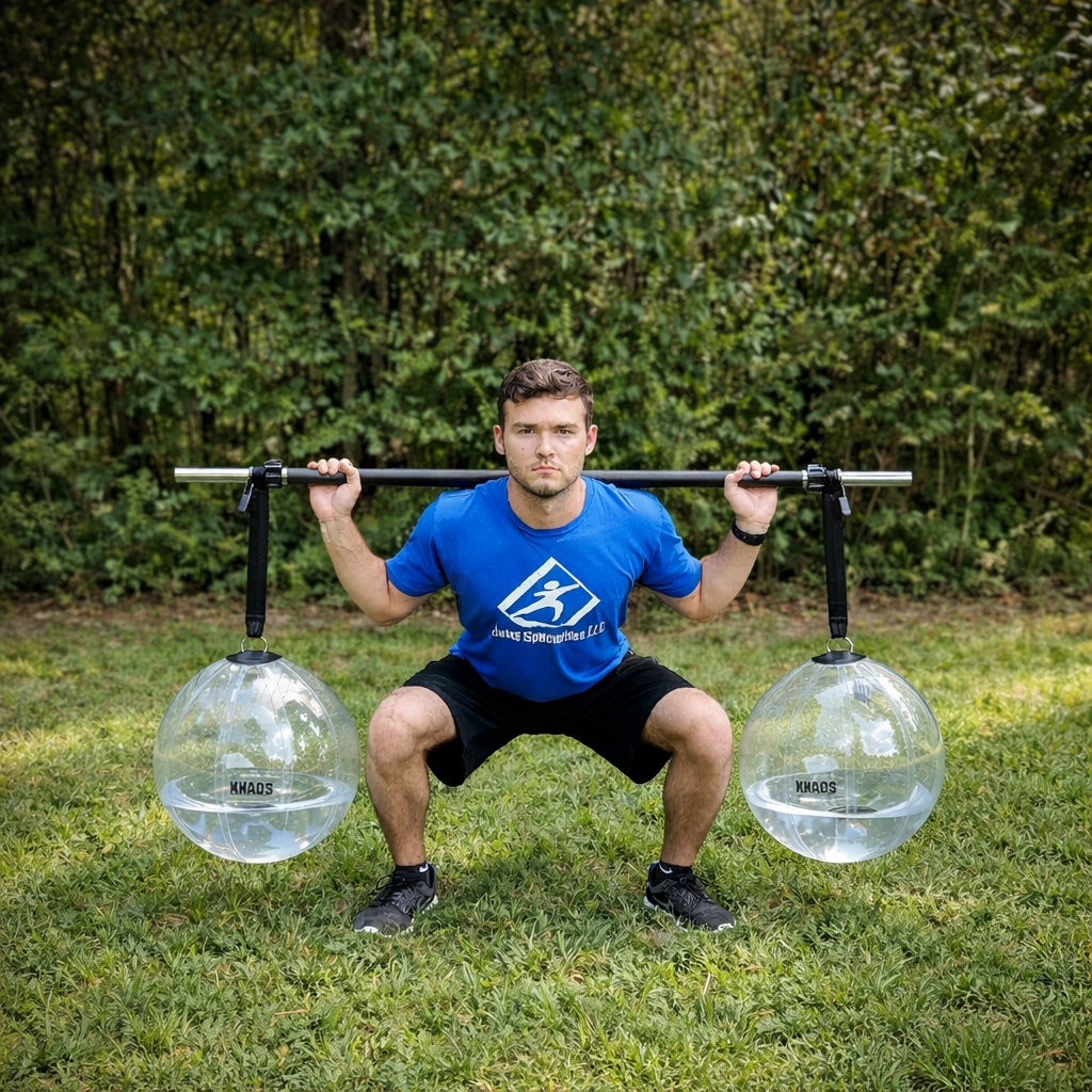 Athlete performing a squat with the KHAOS® Water Yoke, featuring two suspended water-filled balls creating dynamic instability to enhance core strength, and improve knee, hip, and ankle stability for explosive movement readiness