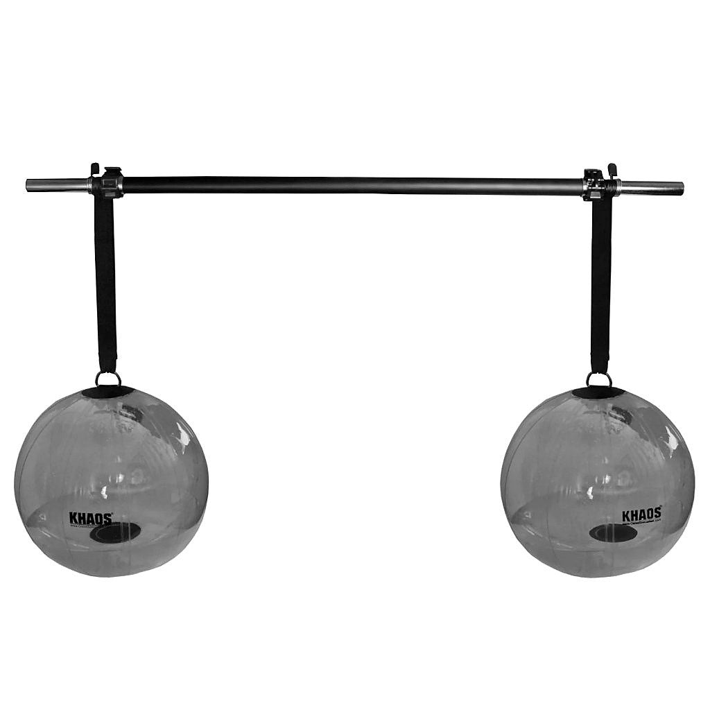 Khaos® Water Yoke with two suspended water/air-filled balls attached to a lightweight 8lb padded bar, showcasing dynamic instability training equipment for strength, balance, and proprioception.