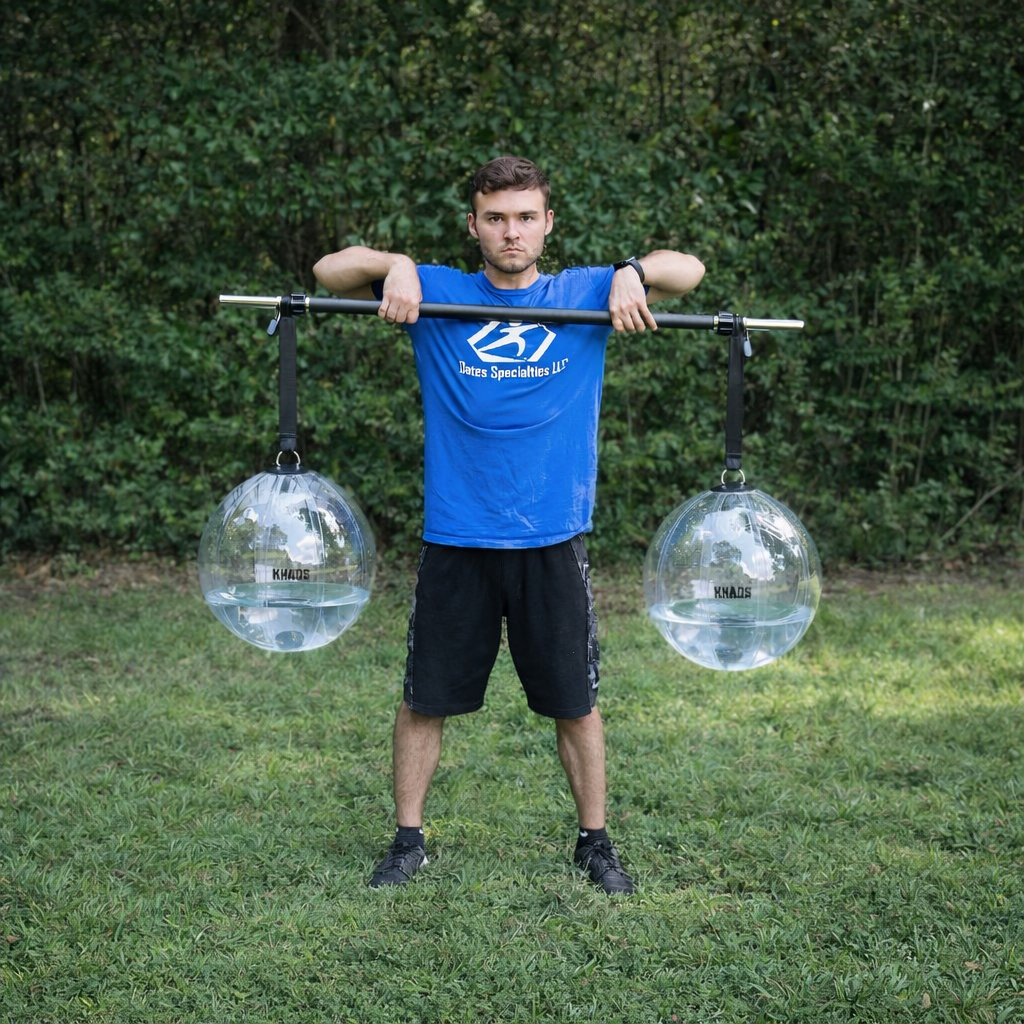 Athlete performing an upright row with the KHAOS® Water Yoke, engaging the shoulder complex and core to stabilize shifting water weight for enhanced control and functional strength