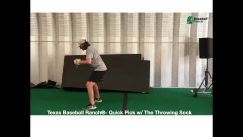 Animated image showing a person using the TAP Baseball Training Sock to practice throwing, highlighting the full range of motion