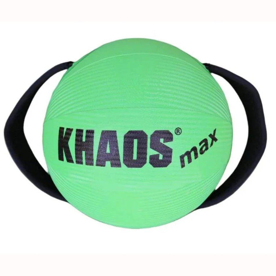 Product photo of the KHAOS® Water Ball, prominently displaying its ergonomic handles and bold KHAOS® logo, designed for dynamic strength training and versatility.