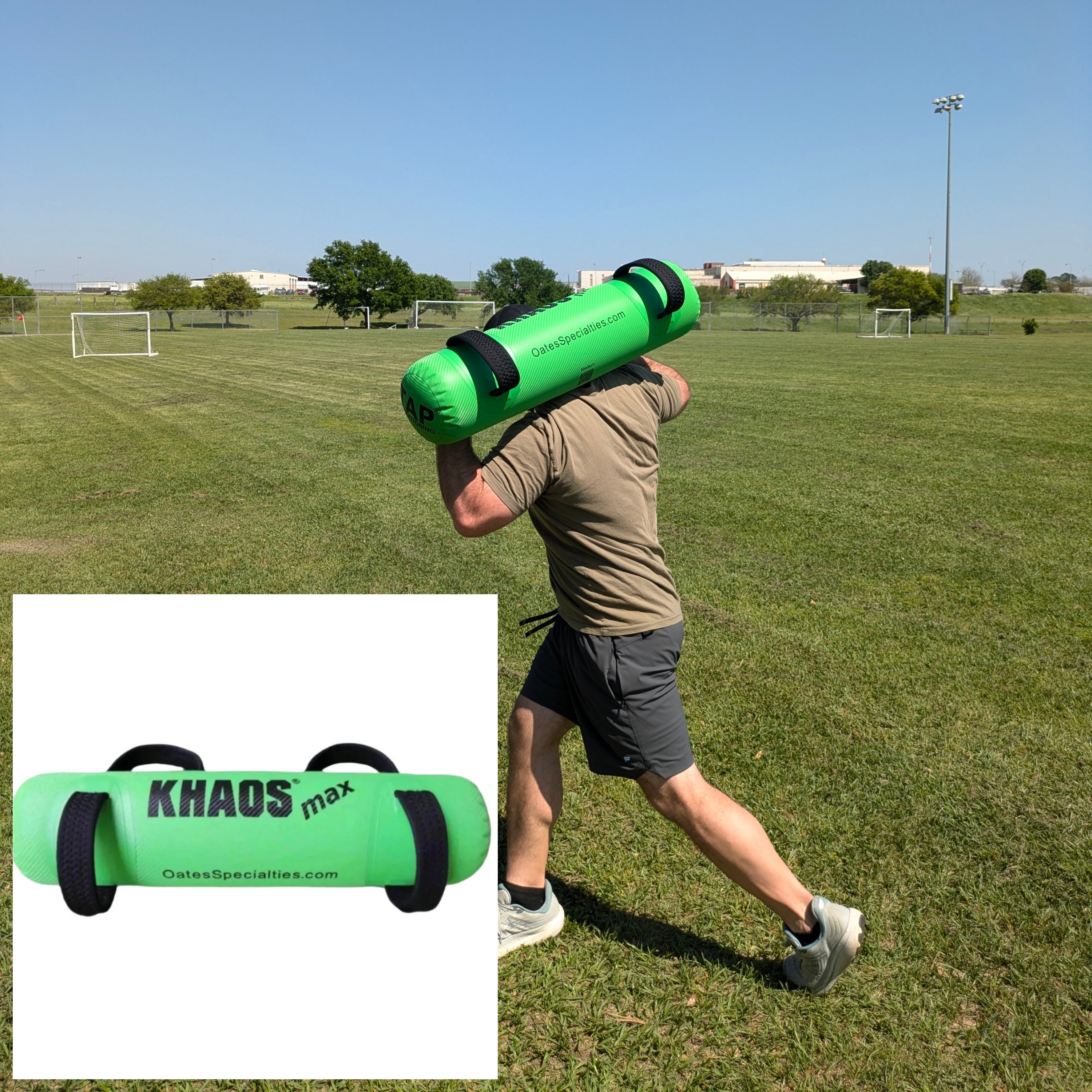 There is an action shot of an athlete with the green KHAOS Waterboy on the back of his shoulders in a split stance. He is twisting with the bag on his back forcing him to stabilize through legs, core, and entire body. There is also a product photo of the green KHAOS Waterboy showing the four handles it has to provide more variations and adjustability.