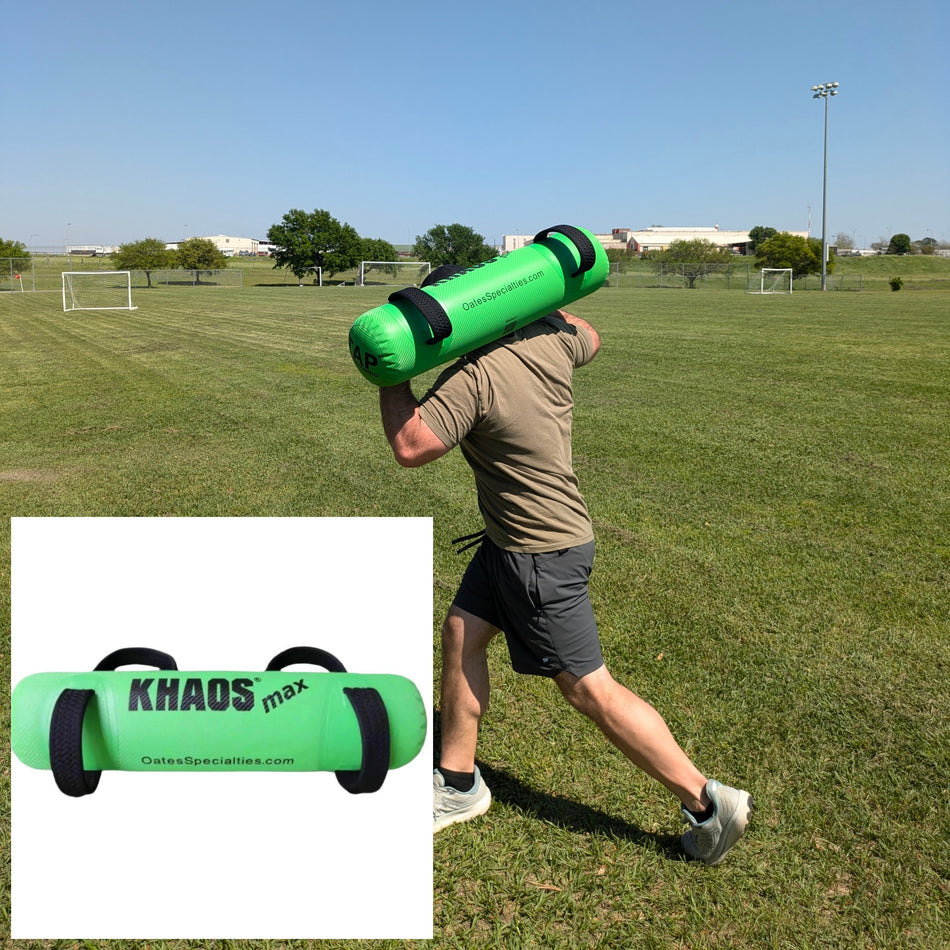 There is an action shot of an athlete with the green KHAOS Waterboy on the back of his shoulders in a split stance. He is twisting with the bag on his back forcing him to stabilize through legs, core, and entire body. There is also a product photo of the green KHAOS Waterboy showing the four handles it has to provide more variations and adjustability.