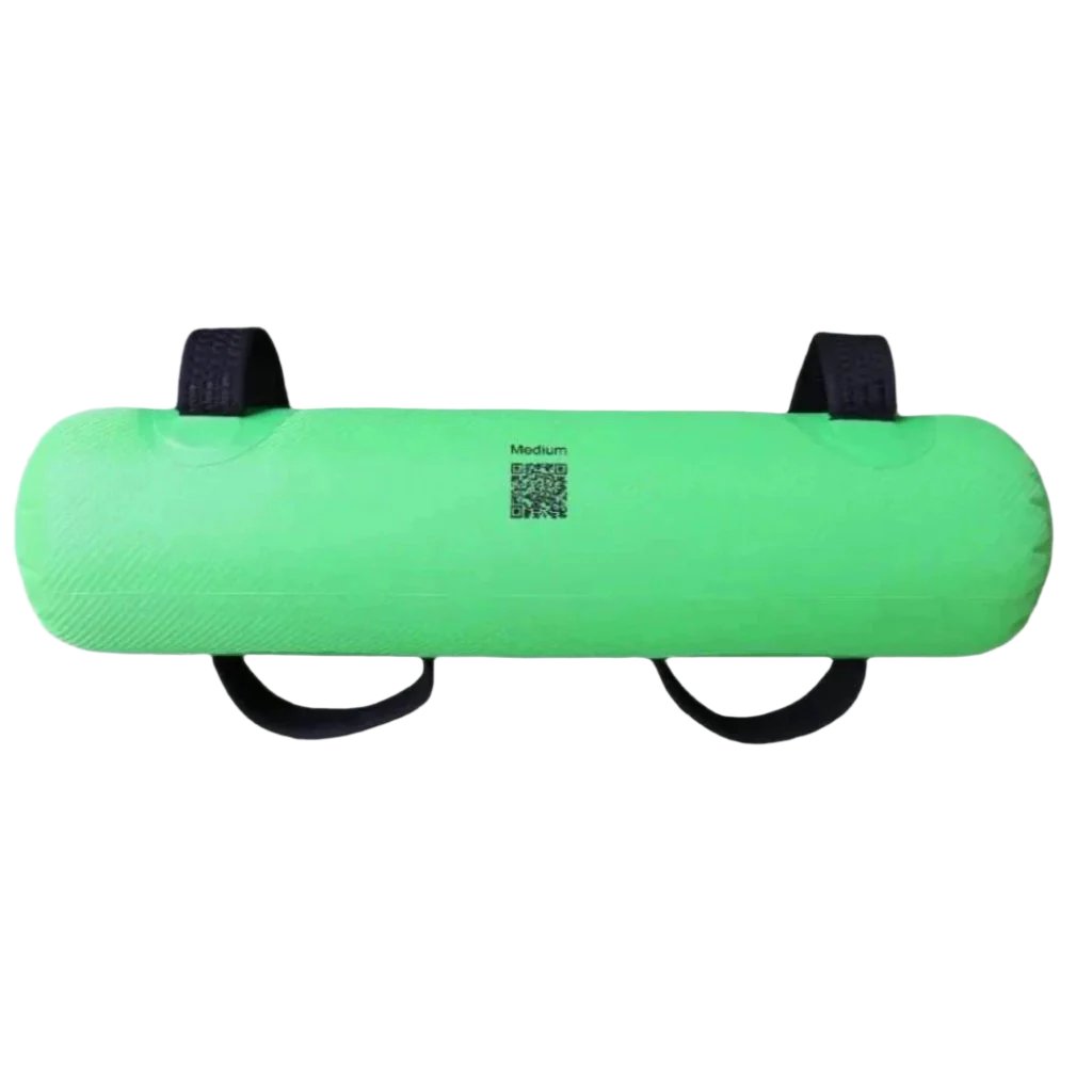 This is the back of the polyester lined vinyl KHAOS Waterboy green showing the QR code which can be used to find out more information on how it is used and how to fill it up.