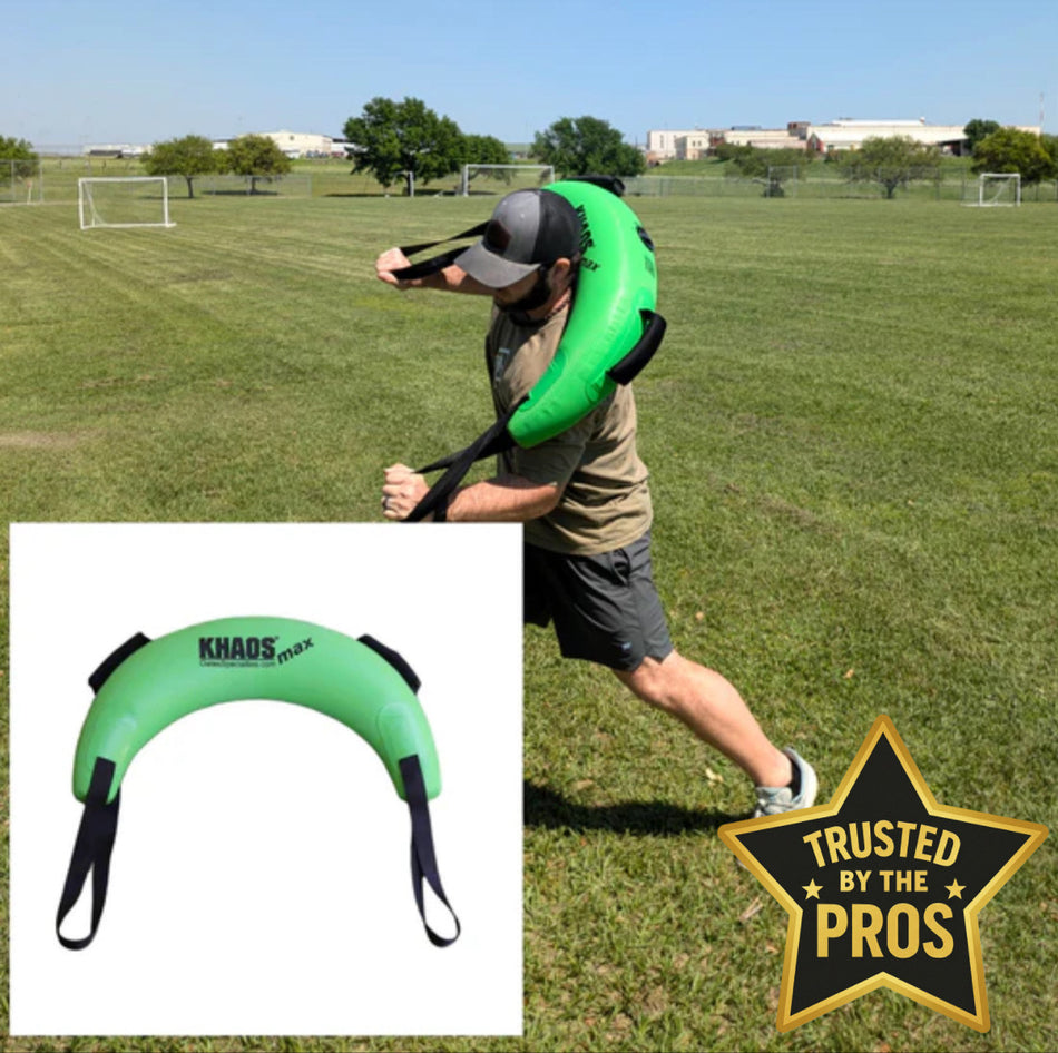 A man lunges on a field while using a green exercise tool labeled "KHAOS max." A smaller inset photo shows a close-up of the tool.