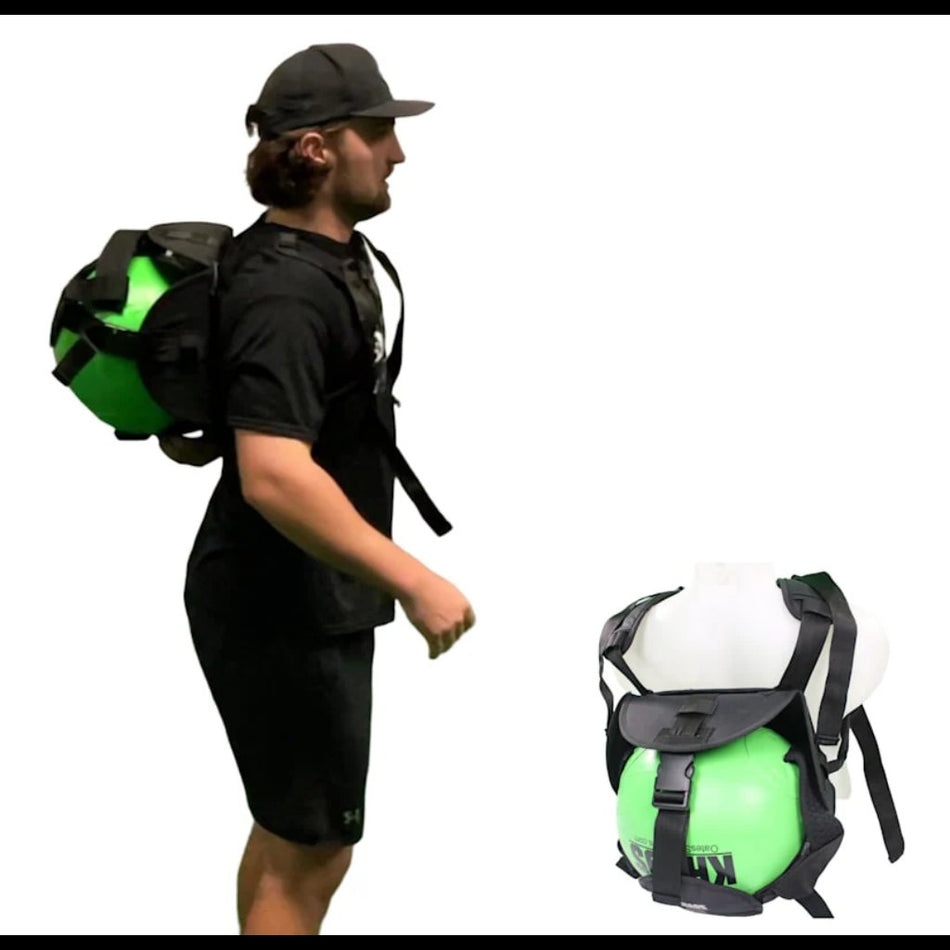 Athlete wearing the KHAOS® Cradle with the harness securely positioned between the scapulas, demonstrating the hands-free design and dynamic stability during a training session.