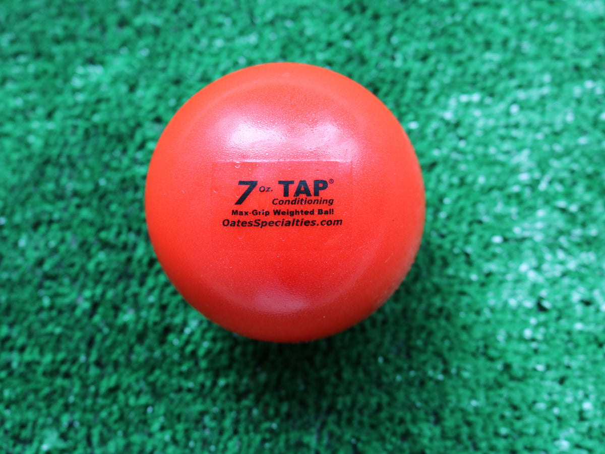 Product photo of the 7oz Max-Grip weighted ball highlighting its enhanced grip for superior throwing control.