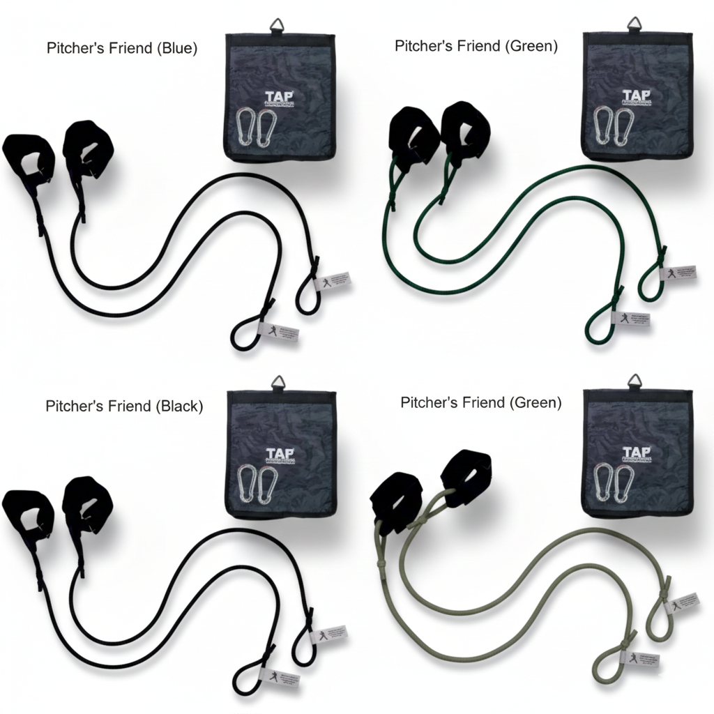 A collage displaying the TAP® Pitcher's Friend Resistance Tubing in its four developmental levels (Green, Blue, Black, and Silver). Each pair features synthetic leather cuffs for distal unloading and steel snap hooks, illustrating a progressive resistance hierarchy designed to support scapular stability and arm health from youth through professional levels.