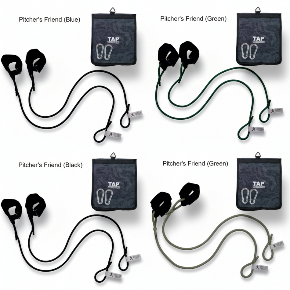 A collage displaying the TAP® Pitcher's Friend Resistance Tubing in its four developmental levels (Green, Blue, Black, and Silver). Each pair features synthetic leather cuffs for distal unloading and steel snap hooks, illustrating a progressive resistance hierarchy designed to support scapular stability and arm health from youth through professional levels.