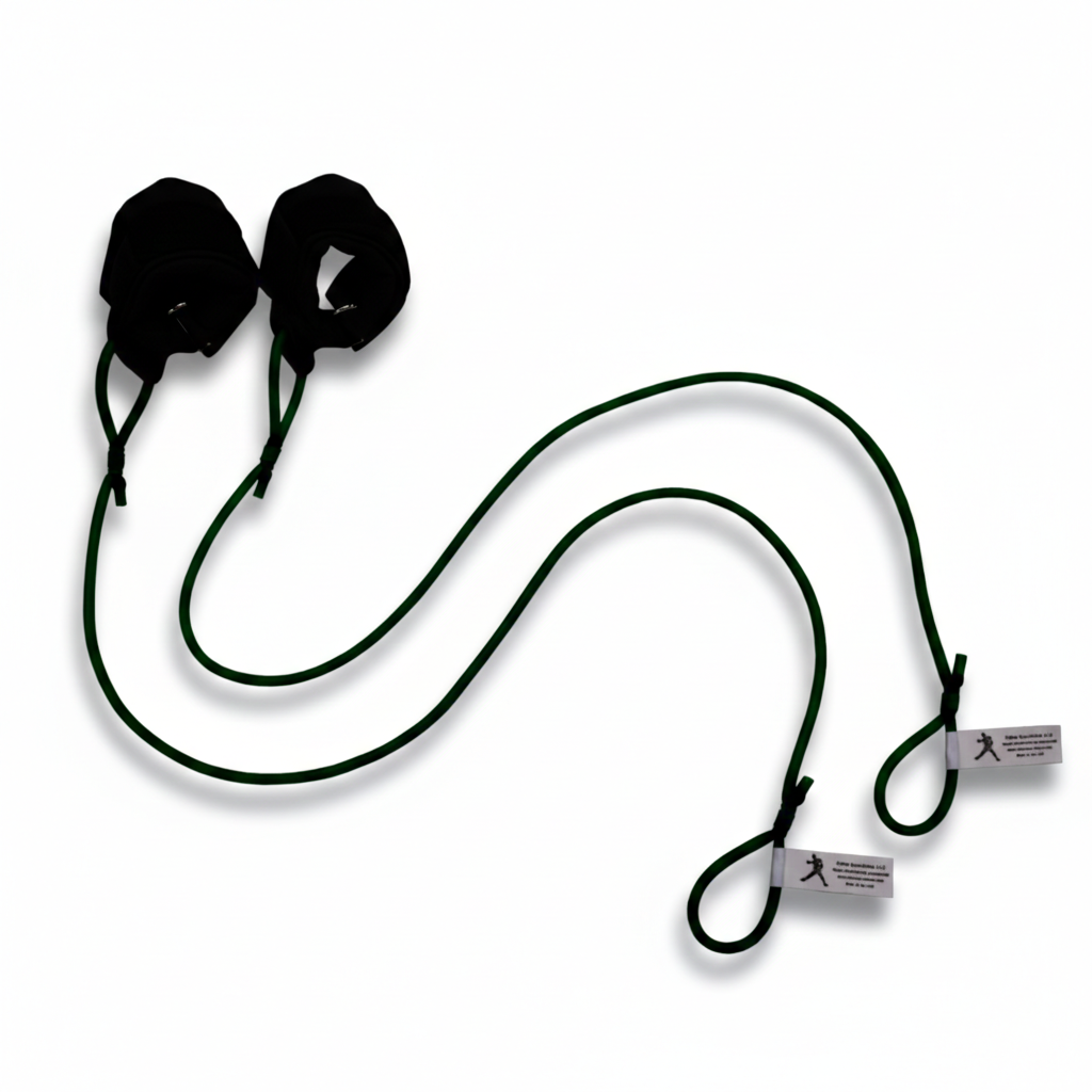 The Green TAP® Pitcher's Friend Resistance Tubing featuring soft synthetic leather wrist cuffs for distal unloading. This entry-level resistance is designed for youth athletes and initial movement preparation, providing a secure, non-porous interface that ensures hygiene and efficient transitions in a team environment.