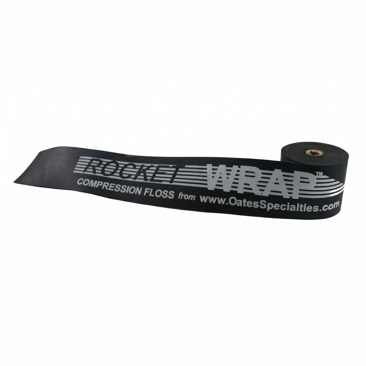 TAP® Rocket Wrap black Standard compression floss band coiled on clean surface, highlighting moderate resistance level and durable natural latex construction for pitcher recovery.