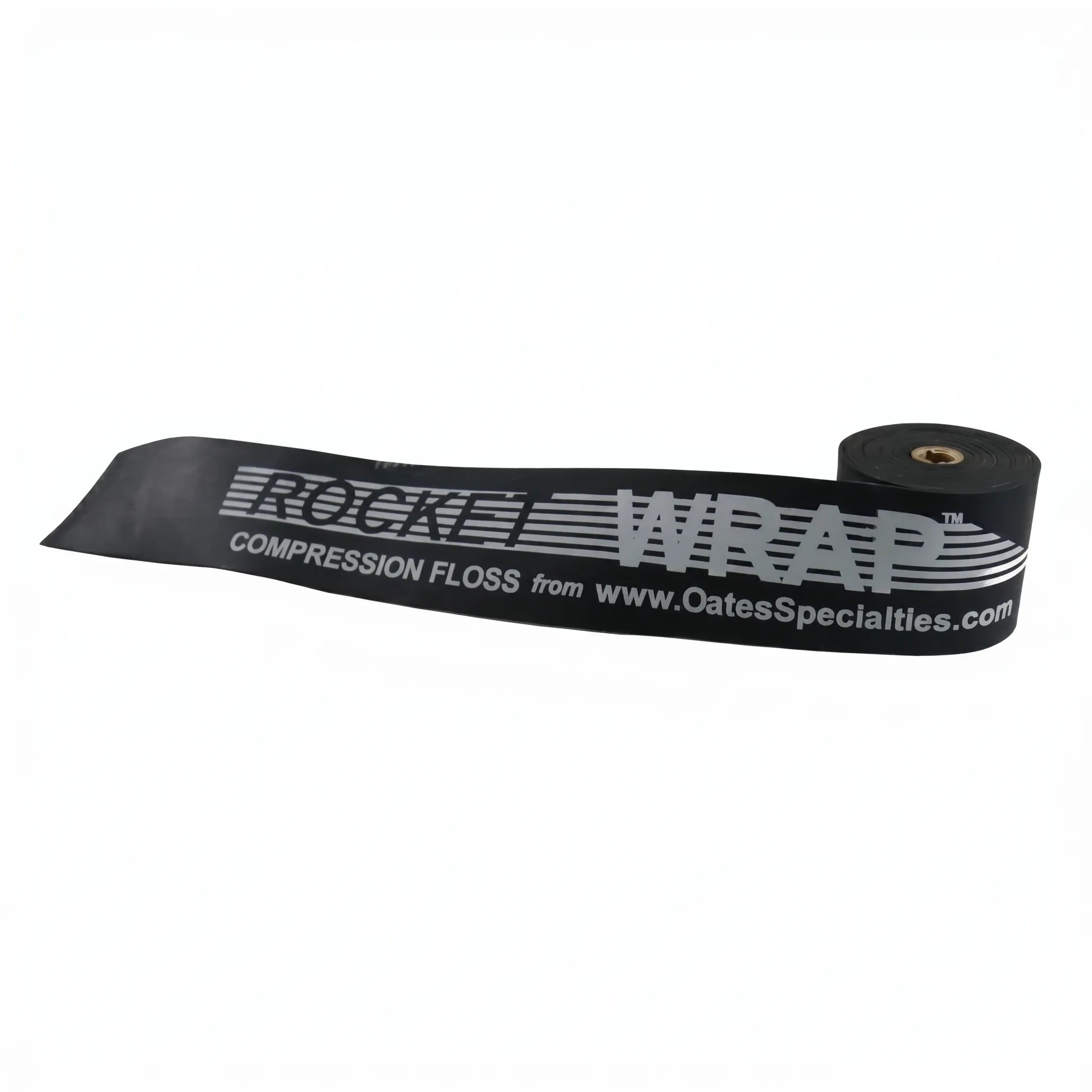 TAP® Rocket Wrap black Standard compression floss band coiled on clean surface, highlighting moderate resistance level and durable natural latex construction for pitcher recovery.