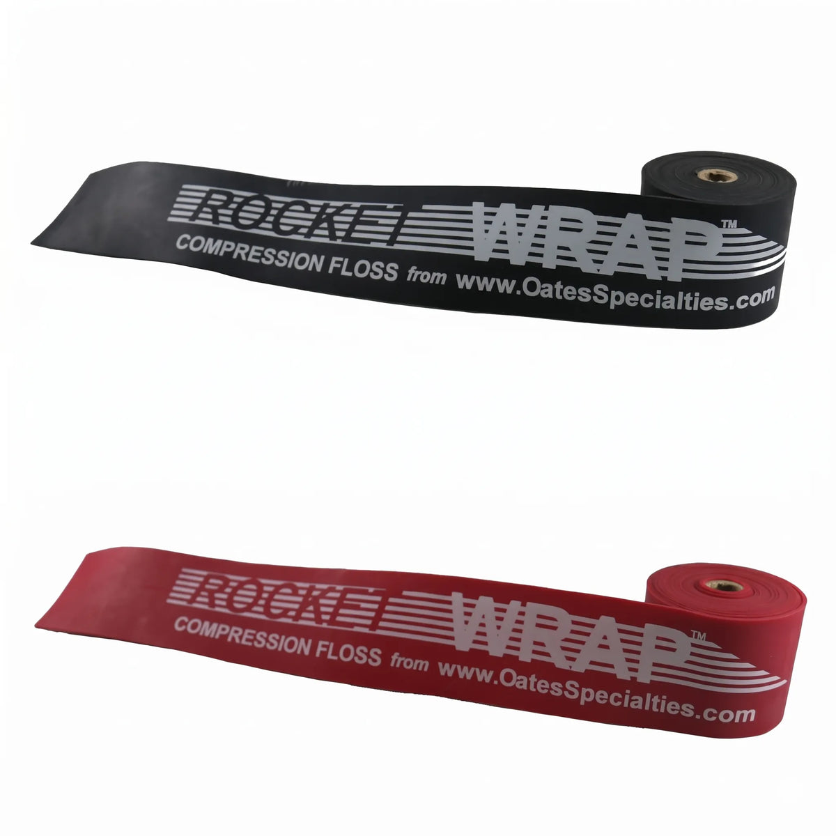 TAP® Rocket Wrap compression floss bands in black and red, coiled to show standard and heavy resistance levels and durable latex construction for pitcher recovery.