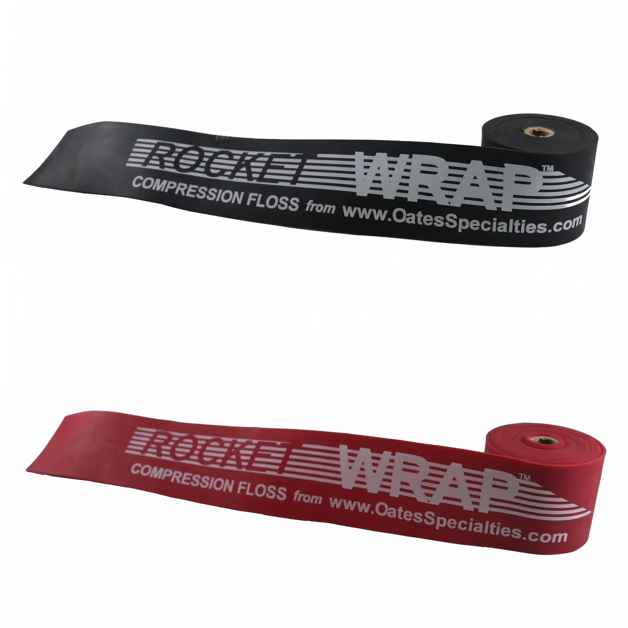 TAP® Rocket Wrap compression floss bands in black and red, coiled to show standard and heavy resistance levels and durable latex construction for pitcher recovery.