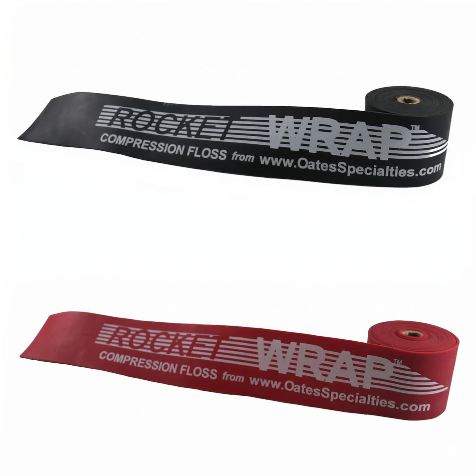 TAP® Rocket Wrap compression floss bands in black and red, coiled to show standard and heavy resistance levels and durable latex construction for pitcher recovery.