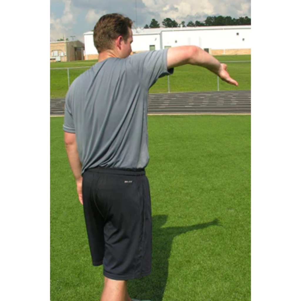 Arm engaged in a throwing motion, capturing dynamic shoulder rotation and elbow extension to illustrate explosive power, joint mobility, and neuromuscular coordination.