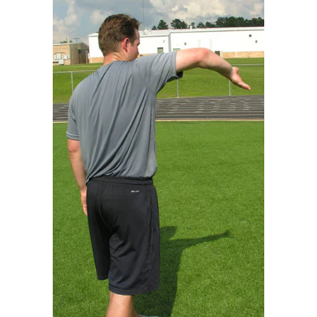 Arm engaged in a throwing motion, capturing dynamic shoulder rotation and elbow extension to illustrate explosive power, joint mobility, and neuromuscular coordination.
