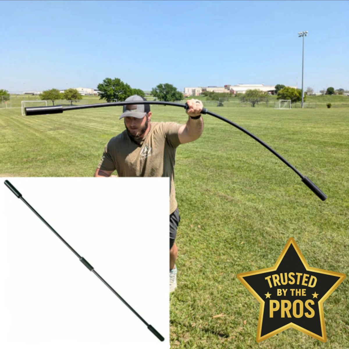 Baseball pitcher using the TAP Shoulder Tube in a circular motion to replicate a pitching delivery for rotator cuff activation, with a close-up inset showing the non-slip enhanced silicone grip.