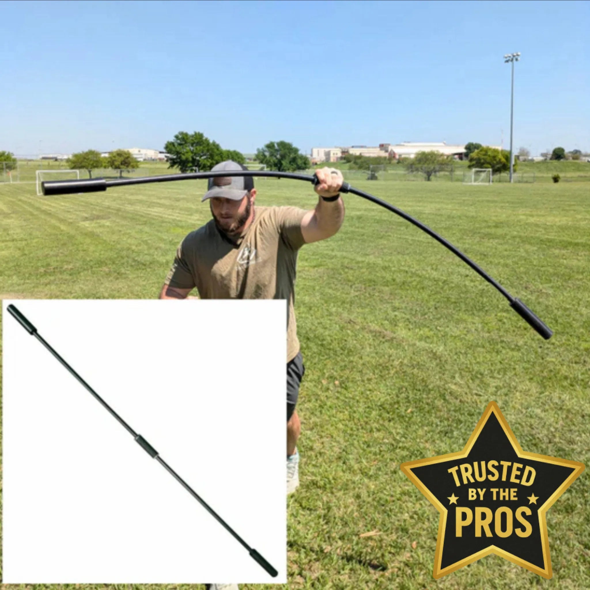 Baseball pitcher using the TAP Shoulder Tube in a circular motion to replicate a pitching delivery for rotator cuff activation, with a close-up inset showing the non-slip enhanced silicone grip.