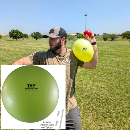 Image of an athlete using a TAP Connection Ball for sports training (finding an efficient arm action for throwing a baseball) . Learn about the benefits of this training tool for enhanced performance.