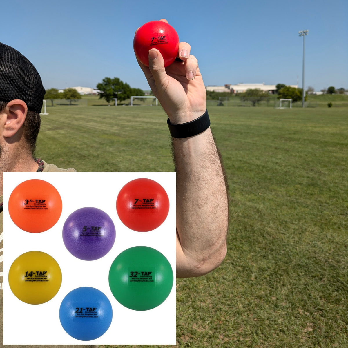 TAP Max-Grip: Train with dynamic weighted balls to amplify throwing power and hitting force. An athlete holding the ball in throwing hand ready to throw the weighted ball