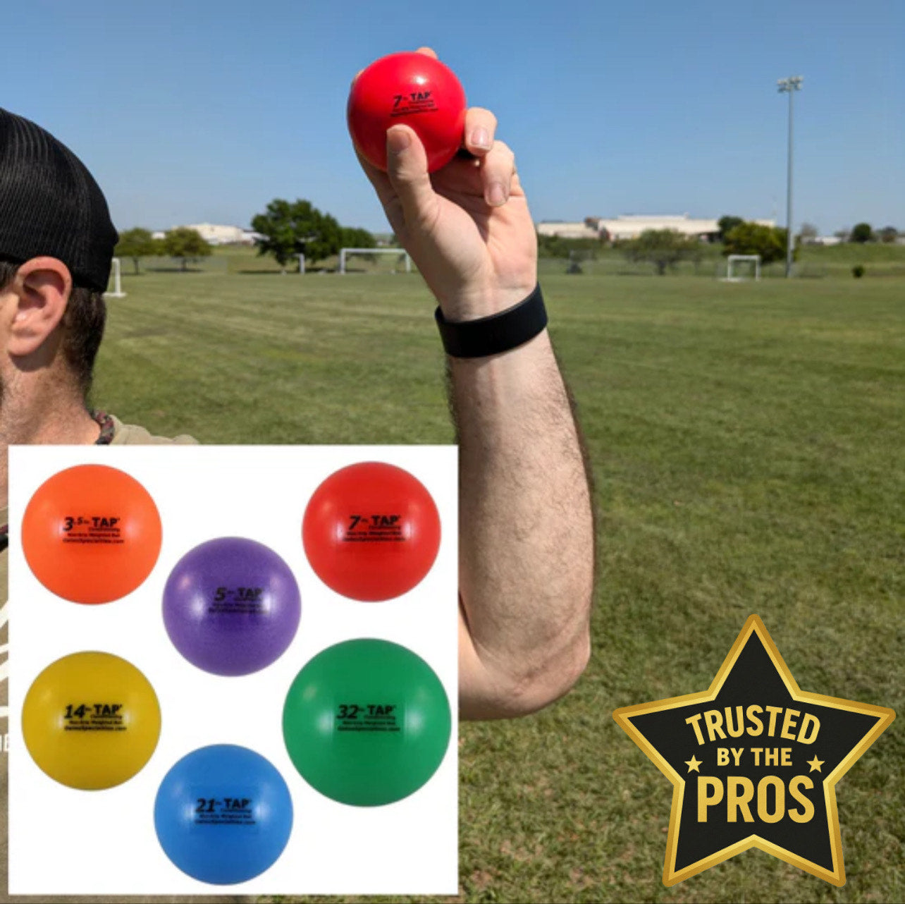 Athlete demonstrating TAP Max-Grip weighted training ball throwing technique for baseball power development