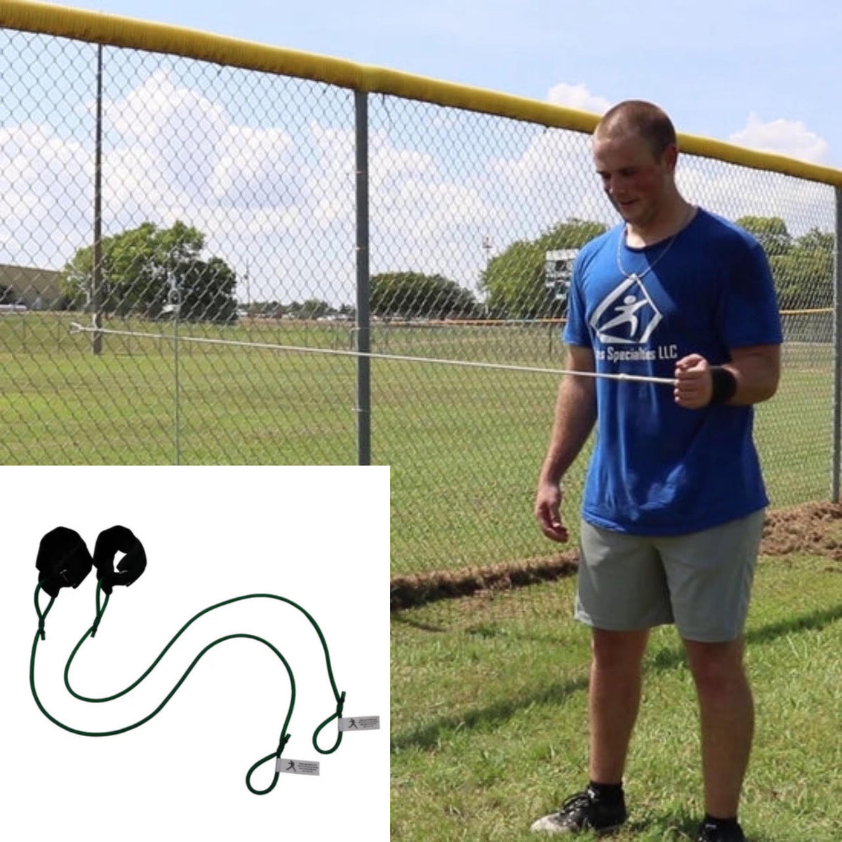 TAP® Pitcher's Friend Resistance Tubing for baseball and softball training — shown with padded synthetic leather cuffs for wrist mobility and comfort. This portable arm care tool supports injury prevention, throwing mechanics, and functional strength. Elastic tubing allows sport-specific movements with resistance. Includes five resistance levels for youth, high school, college, and pro athletes. Ideal for pre-throw warm-up, shoulder stabilization, and off-season strength programs.