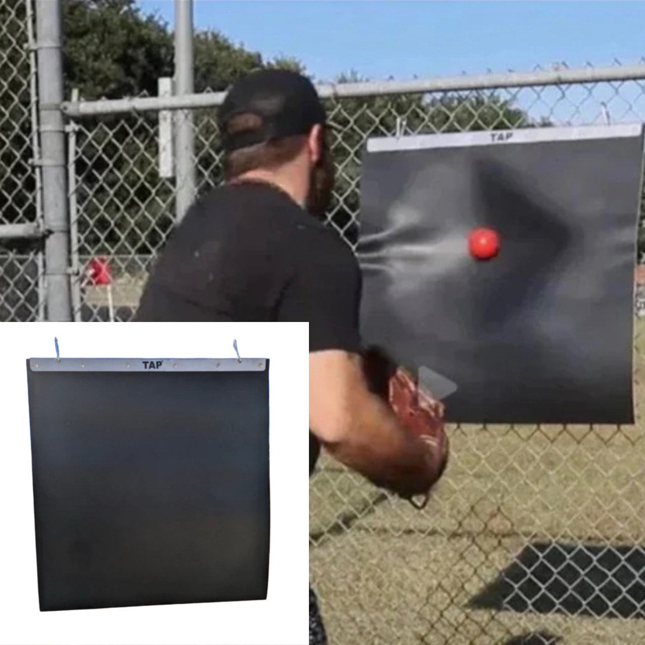  TAP® Portable Plyo Mat for Weighted Ball Throwing and Arm Care Training — industrial-grade 32" x 32" rubber throwing mat reinforced with steel stiffener for unmatched durability and impact resistance. Made from repurposed material, it protects weighted balls and supports high-volume plyometric drills. Features snap hooks for quick, secure mounting on fences, nets, or screens, offering a portable training solution for athletes focused on arm strength, accuracy, and ball longevity. 
