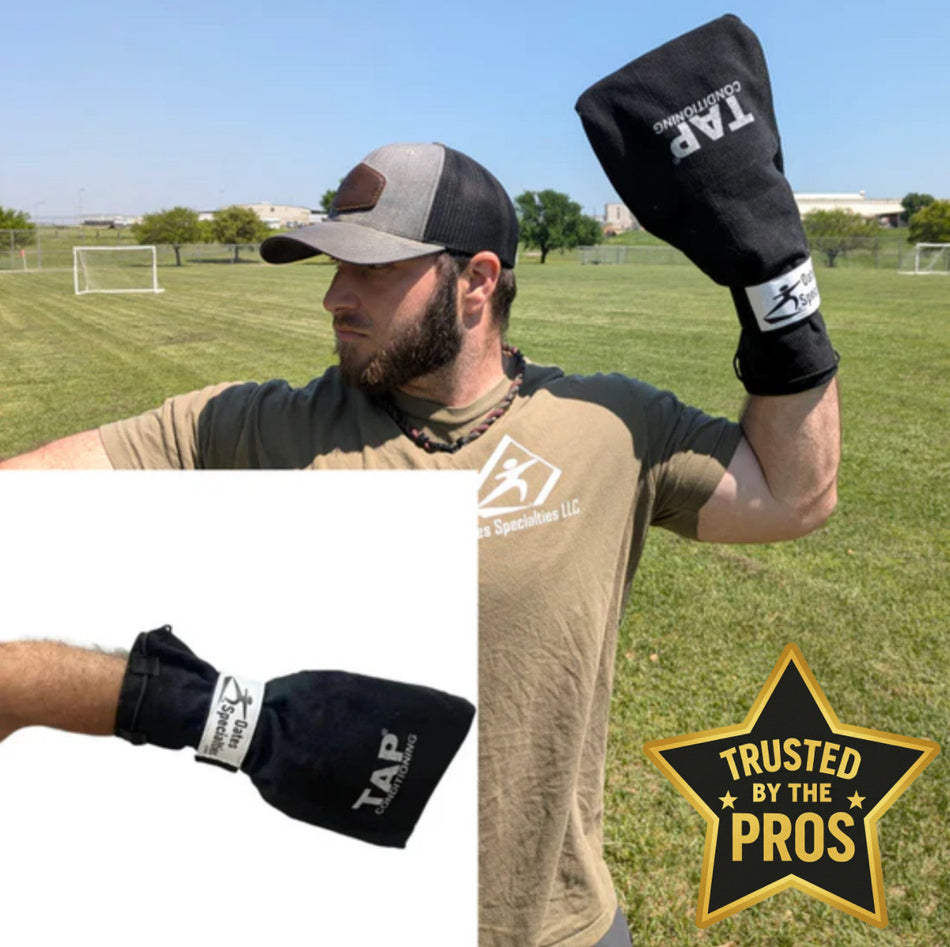 A man wearing a baseball cap and a TAP Conditioning arm sleeve stands on a baseball field. A smaller inset image shows a close-up of the sleeve.