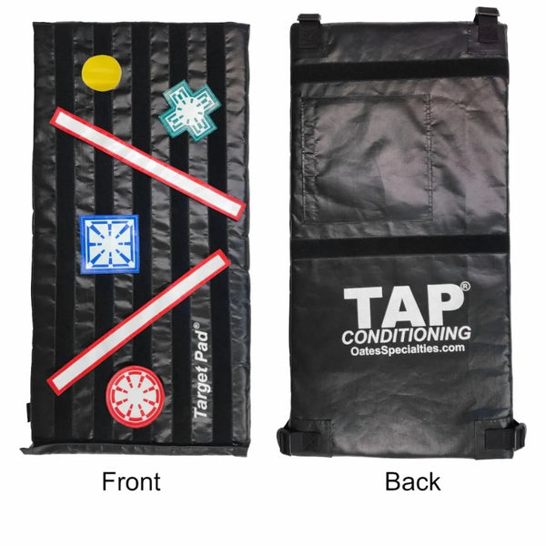 Target Pad® pitching target, front and rear views, showing adjustable training zones.