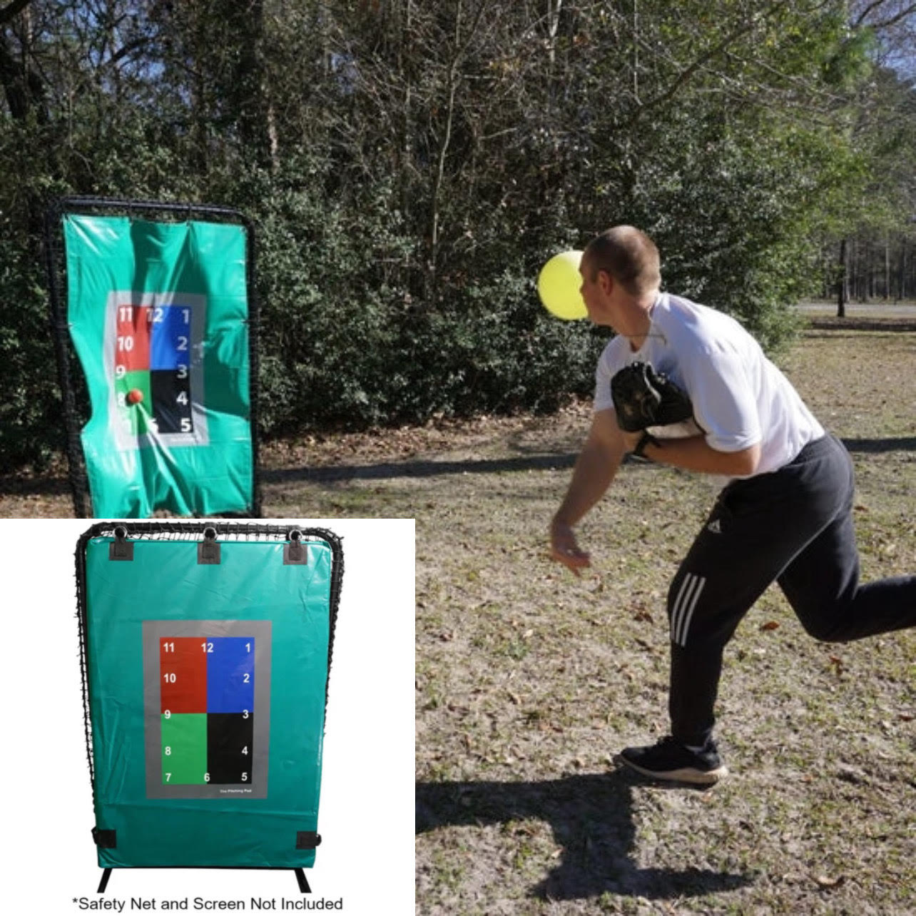 The Pitching Pad® Training Target for Accuracy & Skill Development — brightly colored, quartered strike zone with numbered sections arranged like a clock face. Built from heavy-duty materials with foam padding to absorb impact, this versatile pitching aid supports baseball and softball training across all ages and levels. It provides precise visual targets for improving pitch location, boosts training efficiency, and eliminates the need for a catcher. Easily mounts to fences, nets, or screens.