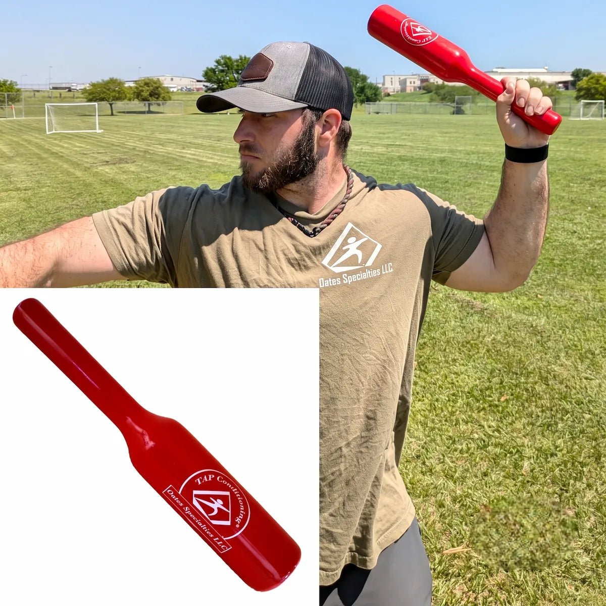 Athlete utilizing the TAP® Connection Throwing Club for distal-load organization and scapular stabilization, featuring a technical inset of the weighted club hardware.
