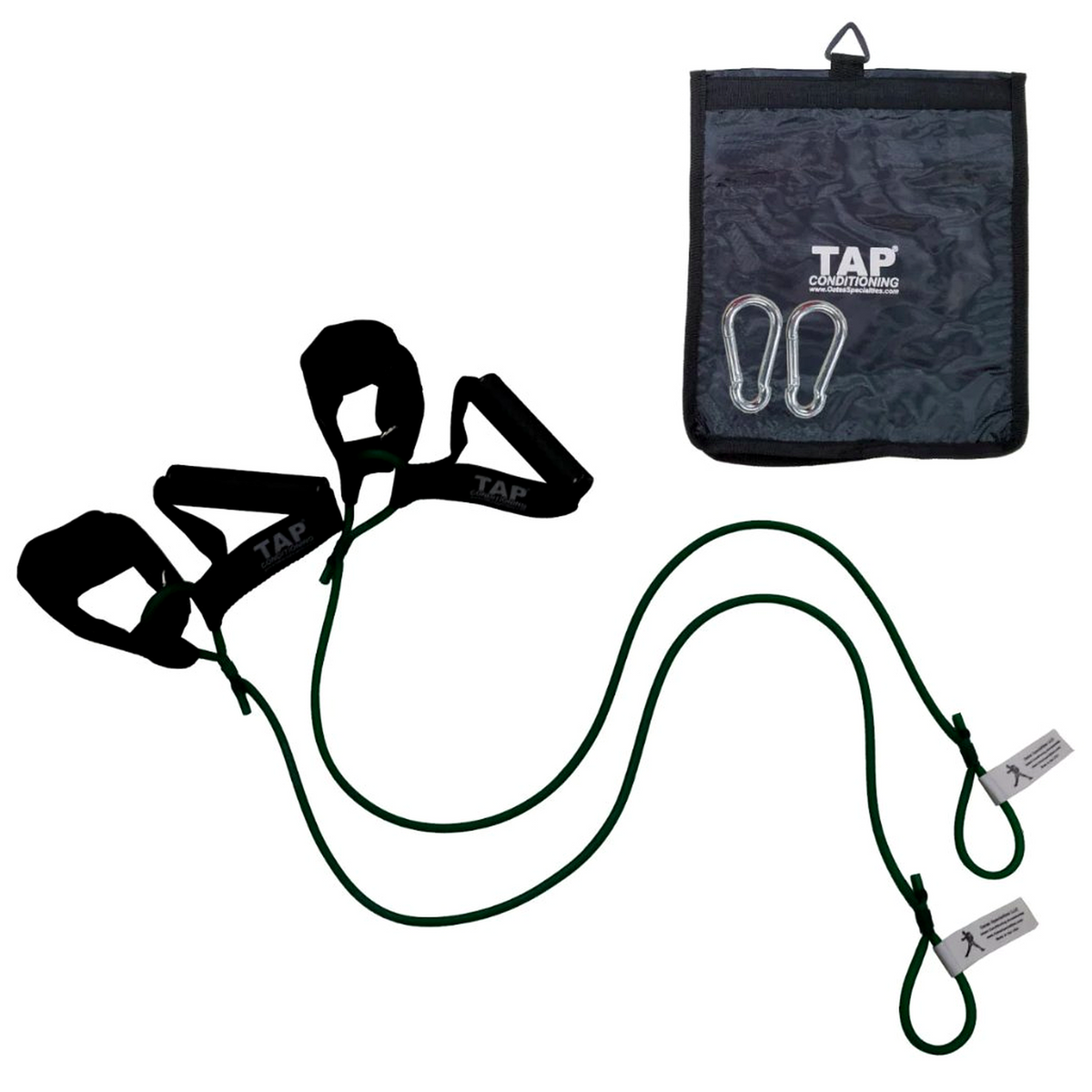 The Green TAP® Ultimate Pitcher Resistance Tubing set, featuring a dual-interface system of synthetic leather cuffs and rubberized grips. The set includes a pair of steel snap hooks for secure anchoring and a canvas storage bag, providing a portable solution for youth athletes to maintain consistent arm-care routines in team or travel environments.