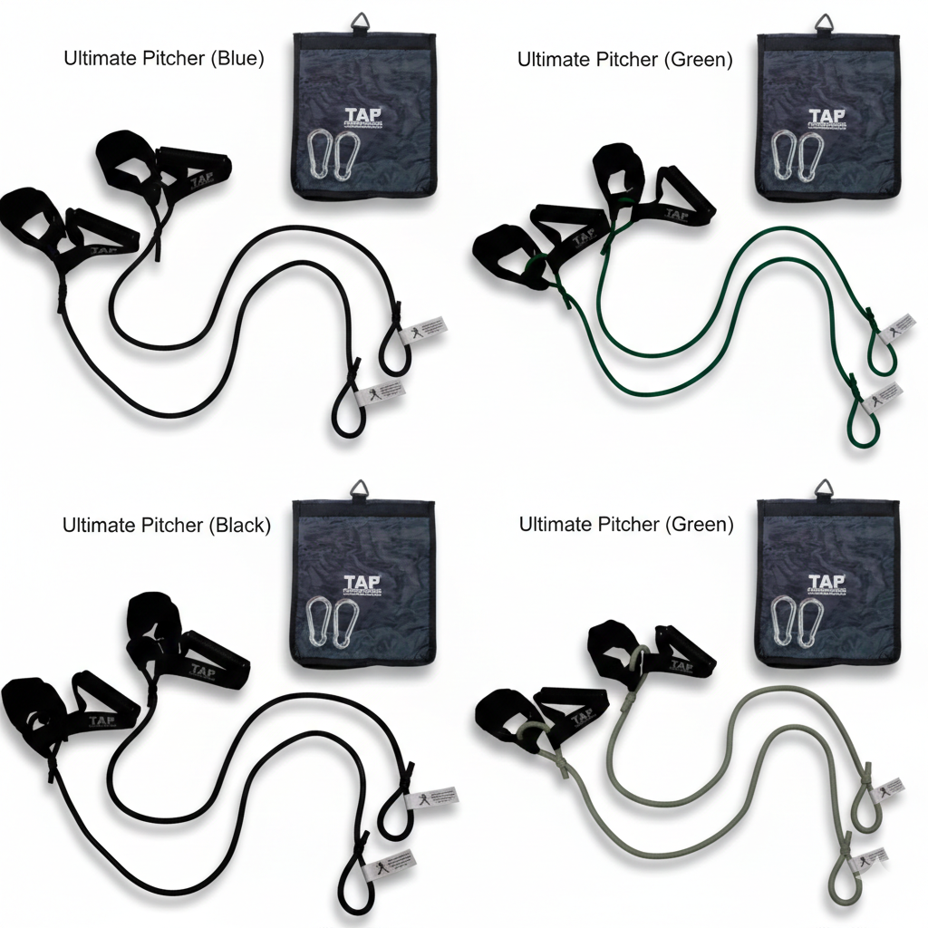 The complete TAP® Ultimate Pitcher Resistance Tubing set, displaying the developmental resistance hierarchy. Top left: Blue for junior high athletes. Top right: Green for youth athletes. Bottom left: Black for high school athletes. Bottom right: Silver for collegiate and professional athletes. Each unit features the integrated dual-attachment system of synthetic leather cuffs and rubberized grips.