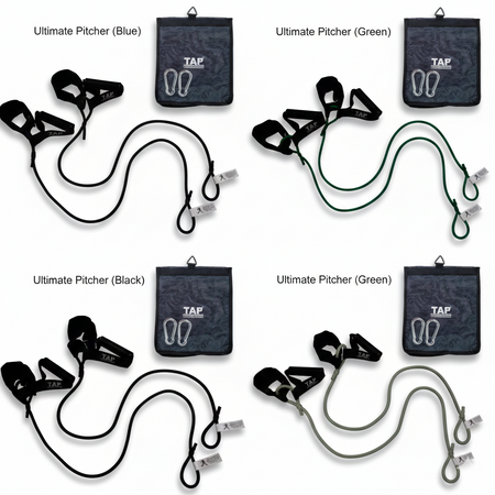 The complete TAP® Ultimate Pitcher Resistance Tubing set, displaying the developmental resistance hierarchy. Top left: Blue for junior high athletes. Top right: Green for youth athletes. Bottom left: Black for high school athletes. Bottom right: Silver for collegiate and professional athletes. Each unit features the integrated dual-attachment system of synthetic leather cuffs and rubberized grips.