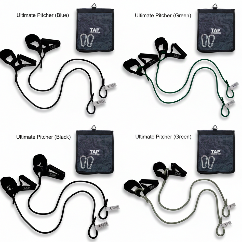 The complete TAP® Ultimate Pitcher Resistance Tubing set, displaying the developmental resistance hierarchy. Top left: Blue for junior high athletes. Top right: Green for youth athletes. Bottom left: Black for high school athletes. Bottom right: Silver for collegiate and professional athletes. Each unit features the integrated dual-attachment system of synthetic leather cuffs and rubberized grips.