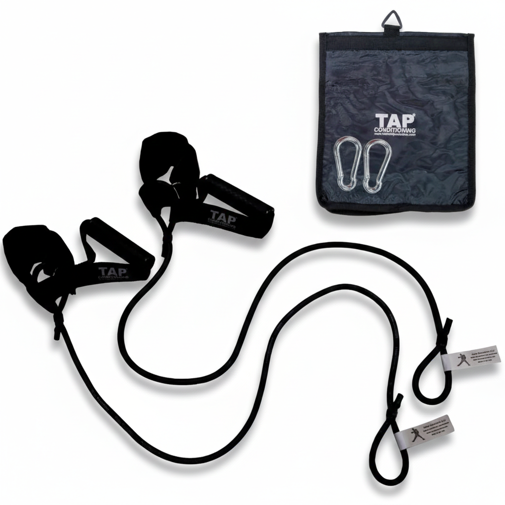 The Black TAP® Ultimate Pitcher Resistance Tubing set, featuring the dual-interface of synthetic leather cuffs and rubberized grips. As the standard resistance level for the developing high school athlete, this set includes steel snap hooks and a canvas storage bag to facilitate consistent scapular stabilization and kinetic chain integration in various training environments.