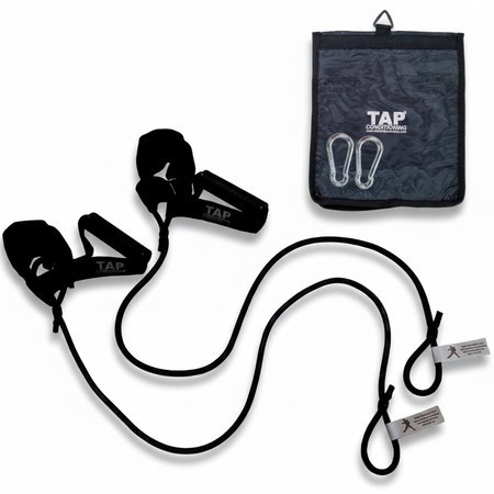 The Black TAP® Ultimate Pitcher Resistance Tubing set, featuring the dual-interface of synthetic leather cuffs and rubberized grips. As the standard resistance level for the developing high school athlete, this set includes steel snap hooks and a canvas storage bag to facilitate consistent scapular stabilization and kinetic chain integration in various training environments.