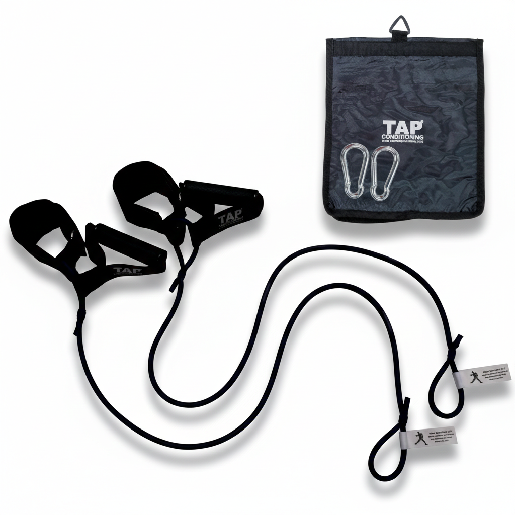The Blue TAP® Ultimate Pitcher Resistance Tubing set, featuring a dual-interface of synthetic leather cuffs and rubberized grips. This transitional resistance level is calibrated for the junior high athlete. The set includes steel snap hooks for secure anchoring and a canvas storage bag to support consistent movement preparation and arm-care routines during travel.
