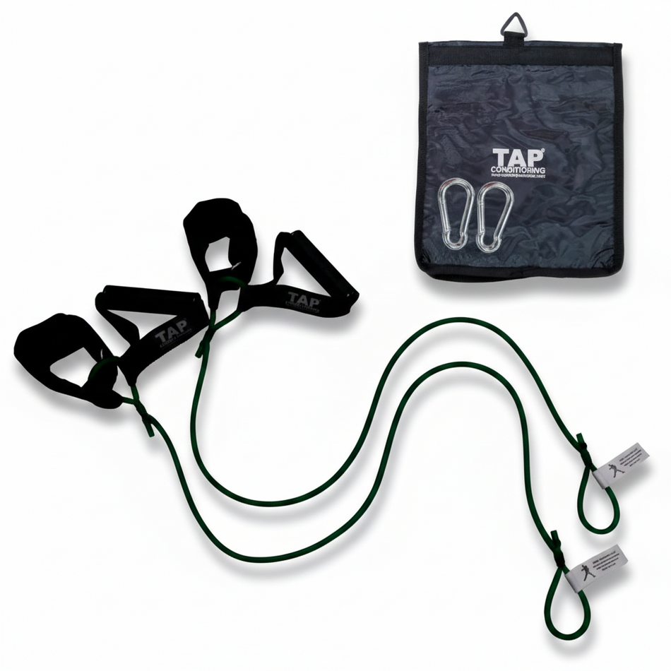 The Green TAP® Ultimate Pitcher Resistance Tubing set, featuring a dual-interface system of synthetic leather cuffs and rubberized grips. The set includes a pair of steel snap hooks for secure anchoring and a canvas storage bag, providing a portable solution for youth athletes to maintain consistent arm-care routines in team or travel environments.