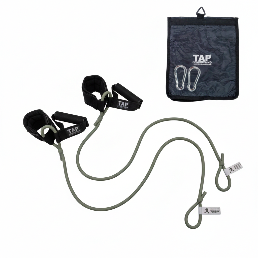 The Silver TAP® Ultimate Pitcher Resistance Tubing set, featuring the dual-interface of synthetic leather cuffs and rubberized grips. This high-resistance level is calibrated for collegiate and professional athletes. The set includes steel snap hooks and a canvas storage bag, supporting advanced neuromuscular control and force-output management in travel and training environments.