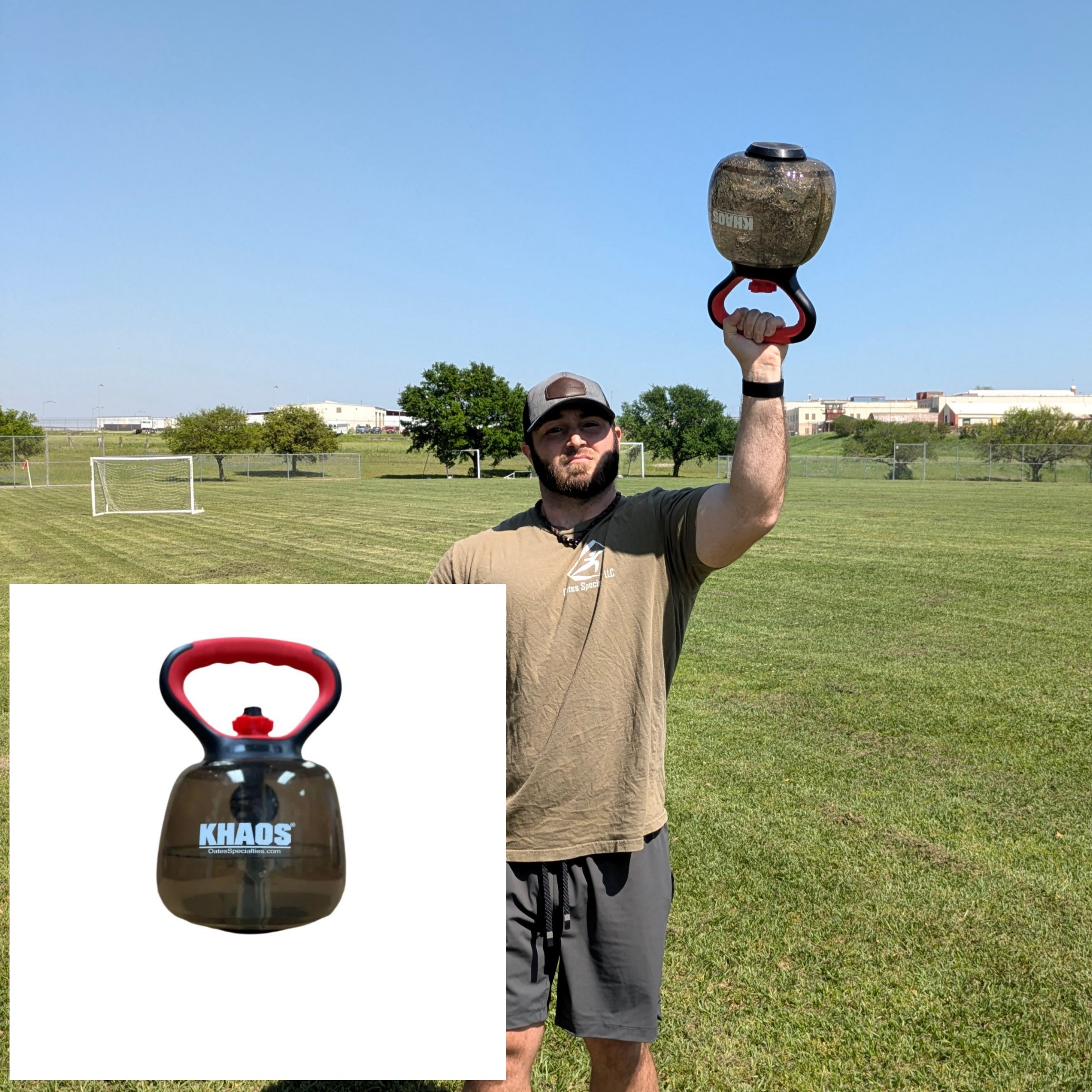 Male athlete holding KHAOS® Waterbell upside down, stabilizing shoulder as water shifts inside for dynamic resistance training.