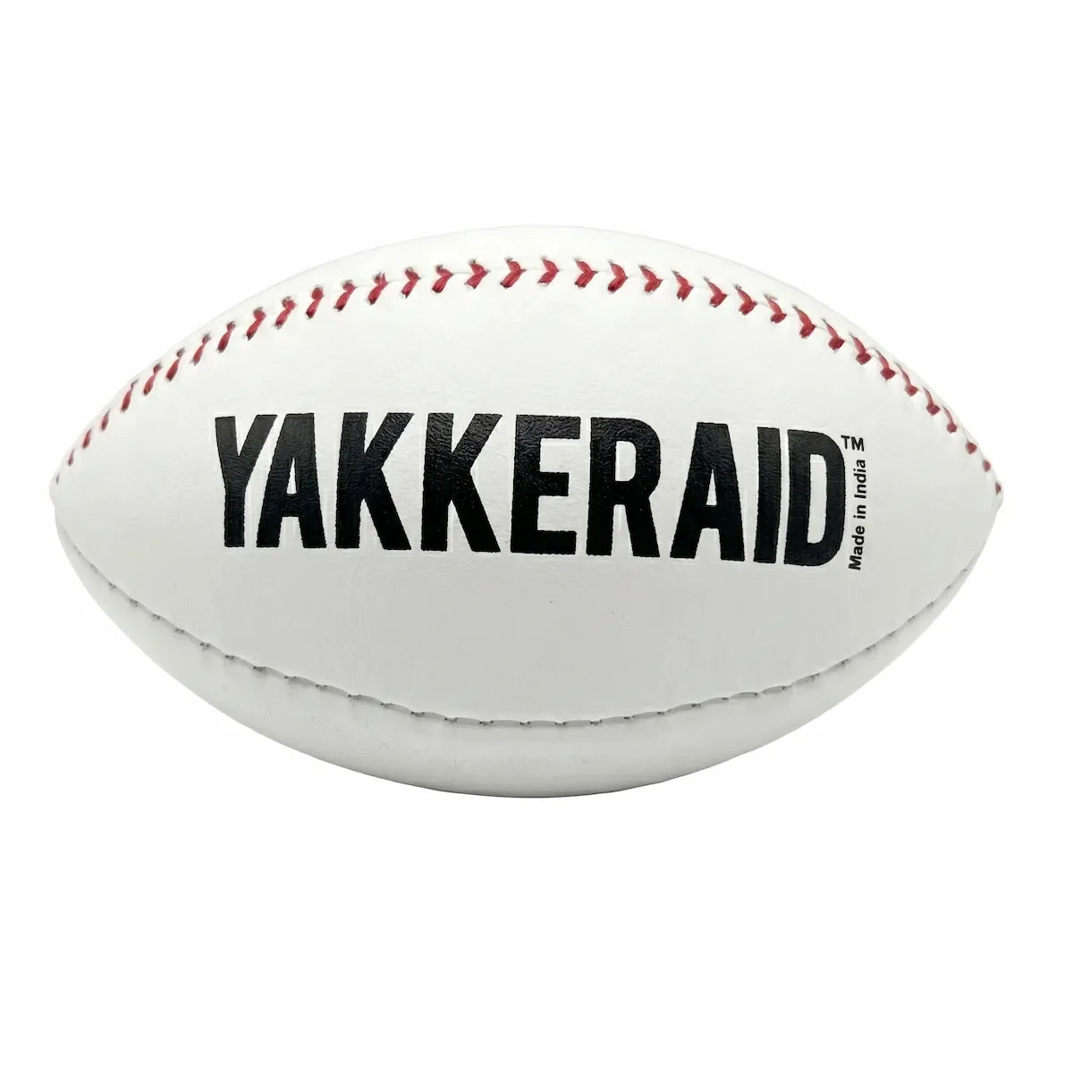 TAP® YAKKERAID football‑shaped leather baseball pitching trainer showing front view, laces, and seams for slider, curveball, and changeup spin‑feel work.