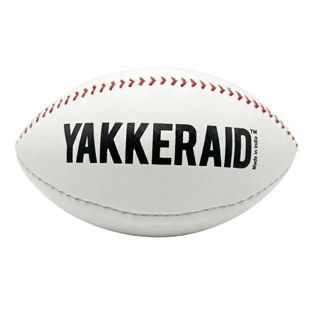TAP® YAKKERAID football‑shaped leather baseball pitching trainer showing front view, laces, and seams for slider, curveball, and changeup spin‑feel work.