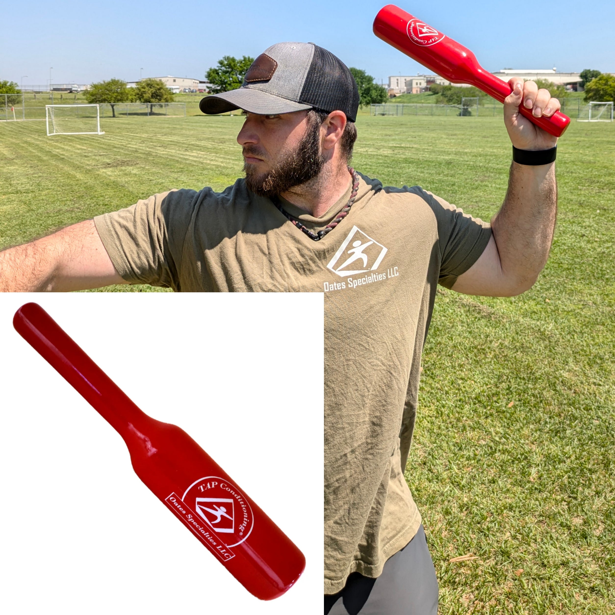 Athlete holding a red TAP Connector Throwing Club in the cocked position, preparing to throw. A product shot of the red club is in the bottom left corner.